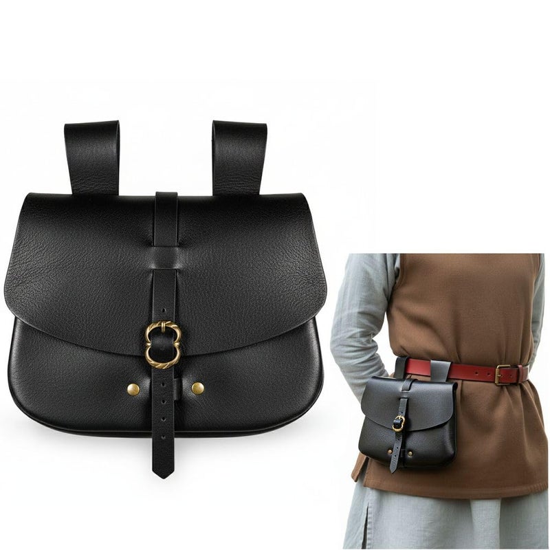 Mythrojan Medieval Leather Belt Pouch Vintage Waist Bag for LARP, Renaissance Fairs, Costumes, Cellphone Holder, Travel Wallet, Fanny Pack, Holster Purse Durable & Stylish Pouch - Black, 6.2â€ x 7â€ - Image 1